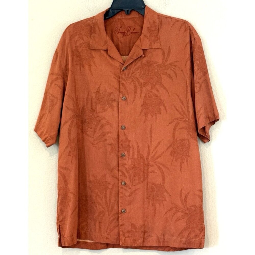 Tommy Bahama Me'ns 100% Silk Camp Shirt Tropical Orange Short Sleeve Size Lg